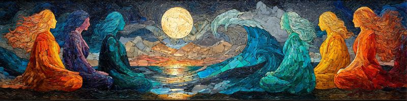 Mosaique nuit lune ocean vagues eau ciel nuages coucher soleil reflexion meditation spiritualite femmes Oeuvre en mosaïque représentant sept figures disposées en rangée, chacune vêtue de robes fluides et vibrantes. Les figures sont assises dans une pose méditative, tournées dans la même direction. Le fond présente un ciel de nuit serein avec une pleine lune bien visible, entourée d'une mosaïque de nuages. La mer est représentée avec des vagues, et l'eau reflète la lumière de la lune. Les couleurs utilisées dans la mosaïque sont riches et variées, chaque robe des figures affichant une teinte différente, allant des bleus et verts profonds aux oranges et rouges chauds. La scène globale transmet un sentiment de tranquillité et d'unité