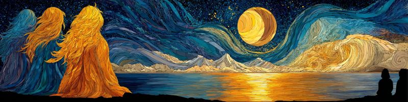Nuit ciel lune etoiles eau reflet vagues montagnes ocean nuages texture fantaisie reve Au premier plan, deux figures aux longs cheveux fluides se tiennent le dos tourné au spectateur. Leurs cheveux semblent dorés et bleus, se fondant dans le ciel nocturne. Le ciel est d'un bleu profond avec des motifs tourbillonnants, et une grande lune jaune brillante est mise en évidence. La lune est entourée d'étoiles, et le ciel semble peint au pinceau, lui donnant un aspect texturé, presque tridimensionnel. En arrière-plan, il y a un corps d'eau serein reflétant les couleurs du ciel et de la lune. L'eau est calme, et il y a des montagnes lointaines couvertes de neige, ajoutant à l'atmosphère tranquille et mystique de la scène.