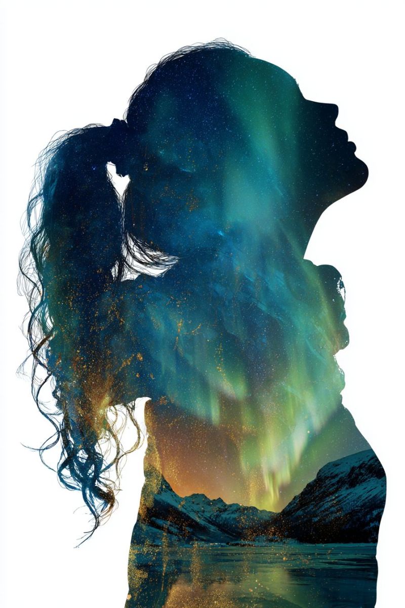 Fille nuit ciel montagne eau reflet lac aurore etoiles lueur eclatante doree nordique heure Silhouette d'une femme aux cheveux longs et fluides, coiffés en queue de cheval, sur fond de ciel nocturne rempli d'Aurores Boréales. Les Aurores Boréales sont représentées dans des teintes vibrantes de vert, bleu et jaune, créant un effet dynamique et coloré. La silhouette de la femme est positionnée au centre, la tête inclinée vers le haut, semblait-il contemplant le ciel. Le fond comprend un paysage serein avec des montagnes et un plan d'eau, peut-être un lac ou une rivière, reflétant les couleurs de l'aurore. La composition globale est artistique, mêlant la beauté naturelle de l'aurore avec la forme humaine de manière harmonieuse et visuellement saisissante.