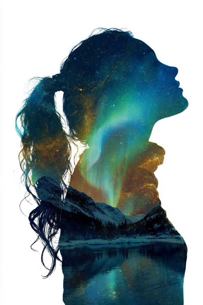 Girl mountain lake water night sky stars aurora reflection nature winter cold snow trees forest dark silhouette of a woman with long hair, styled in a ponytail, looking upwards. Her silhouette is overlaid with a stunning night sky scene. The sky is filled with vibrant colors, predominantly green and blue, suggesting the presence of the Aurora Borealis. The background includes a serene lake, reflecting the sky's colors, and a mountainous landscape covered in snow. The overall effect is ethereal and magical, blending the natural beauty of the night sky with the human form.