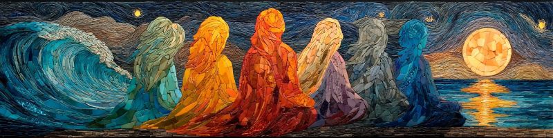 Nuit ciel etoiles lune eau vagues ocean plage mosaique reflet horizon Oeuvre en mosaïque représentant cinq figures aux couleurs vives, chacune avec des cheveux flottants, assises en rangée face à l'océan. Les figures sont parées de teintes de bleu, jaune, orange, violet et turquoise. Le fond présente un ciel de nuit dramatique avec une pleine lune et des étoiles, et les vagues de l'océan sont représentées en nuances de bleu et de blanc. La scène se déroule sur fond de montagnes et de coucher de soleil, créant une atmosphère sereine et mystique