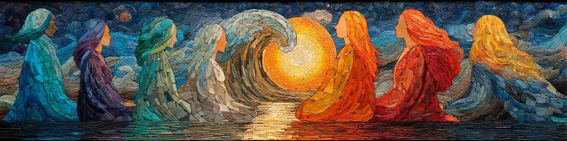 Mosaique femmes eau soleil ciel nuit etoiles vagues reflet sombre meditation spiritualite Oeuvre en mosaïque représentant sept femmes debout en rangée, chacune vêtue de robes fluides de différentes couleurs. Les femmes sont disposées de gauche à droite, avec la première femme en robe bleue, la deuxième en robe violette, la troisième en robe verte, la quatrième en robe blanche, la cinquième en robe rouge, la sixième en robe orange et la septième en robe jaune. Le fond présente une scène dramatique avec une grande vague au centre, éclairée par un soleil ou une lune brillante, projetant une lueur chaude sur l'eau et les femmes. Le ciel au-dessus est sombre, avec des étoiles visibles, ajoutant à l'atmosphère mystique et sereine de l'oeuvre