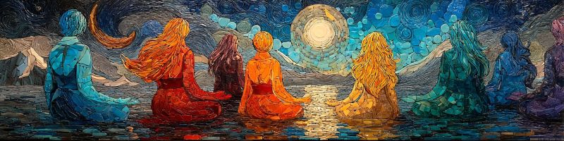 Mosaique nuit ciel eau meditation femmes groupe assises reflexion colorees etoiles lune calme paisible unite Groupe de sept femmes assises en cercle, probablement en pose méditative ou contemplative, dans un cadre serein et mystique. Chaque femme est parée d'une couleur vibrante différente, symbolisant l'individualité et la diversité. La figure centrale porte une robe rouge, tandis que les autres portent du bleu, du vert, de l'orange et du violet. L'arrière-plan présente un ciel nocturne avec un croissant de lune et un soleil brillant, créant un sentiment de dualité et d'équilibre. L'eau dans laquelle elles sont assises reflète le ciel, ajoutant à l'atmosphère éthérée. La composition globale rappelle une mosaïque, chaque figure apparaissant comme étant composée de petites tuiles colorées.