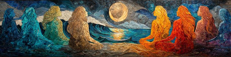 Coloree mosaique nuit lune ocean vagues eau plage meditation yoga spiritualite femmes groupe assises jambes croisees calme La peinture représente un groupe de sept femmes assises en cercle sur une plage la nuit. Chaque femme est colorée différemment, représentant différents aspects ou éléments. La femme à gauche est bleue, la suivante est verte, puis jaune, suivie de orange, rouge, rose, et enfin violette. Elles sont toutes tournées dans la même direction, vers l'océan. L'océan est calme, avec une petite vague en arrière-plan. Le ciel est sombre, avec une lune brillante et des étoiles. La lune est pleine et brille intensément, projetant une douce lueur sur la scène. Les femmes semblent être en pose méditative ou contemplative, les mains posées sur les genoux.