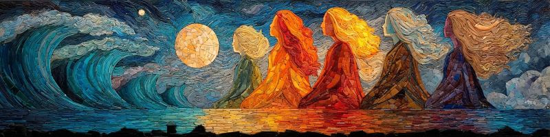 Aquarelle nature ocean vagues ciel nuages lune etoiles texture coups pinceau impressionnisme moderne contemporain Peinture vibrante de style mosaïque représentant cinq figures debout en rangée, face à l'observateur. Les figures sont stylisées avec des cheveux longs et fluides et sont positionnées devant un arrière-plan de paysage marin dramatique. La mer est représentée avec de grandes vagues turbulentes, et le ciel au-dessus est rempli de nuages tourbillonnants. La lune est clairement visible dans le ciel, projetant une douce lueur sur la scène. Les figures sont parées de différentes couleurs, avec des nuances d'orange, jaune, vert et bleu créant un contraste vif avec les tons plus sombres de la mer et du ciel. L'ambiance générale de la peinture est mystique et sereine, les figures semblant être dans un moment de contemplation silencieuse.