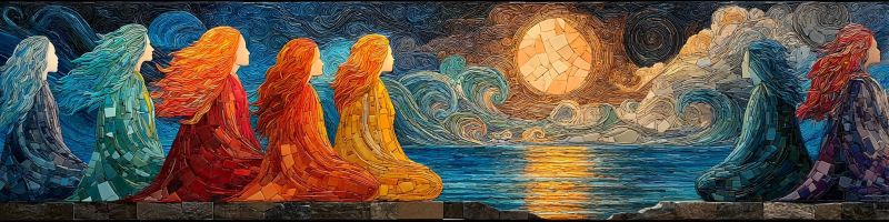 Mosaique femmes mer nuit lune eau vagues nuages rochers reflet fantaisie mythologie legende histoire imagination Oeuvre en mosaïque représentant un groupe de femmes assises au bord de la mer la nuit. Les femmes sont disposées en rangée, face à la mer, avec leurs cheveux flottant librement. Leurs robes sont vibrantes, affichant une gamme de couleurs incluant le rouge, le jaune, le vert et le bleu. Le fond est une scène de nuit captivante avec une pleine lune illuminant le ciel, projetant une douce lueur sur les vagues de la mer. La mer elle-même est représentée avec des vagues douces, et le ciel est rempli de nuages tourbillonnants. L'ambiance générale de l'oeuvre est sereine et mystique, avec les femmes apparaissant dans un moment de réflexion silencieuse