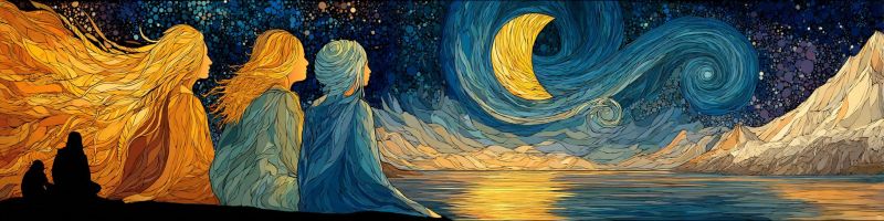 Nuit ciel etoiles lune eau montagnes arbres nocturne Trois femmes sont assises au bord d'un lac serein sous un ciel nocturne. La femme à gauche a de longs cheveux dorés ondulés et porte une robe jaune. La femme du milieu a des cheveux blonds courts et ondulés et porte une robe bleue. La femme à droite a un foulard bleu et une robe bleue. Le ciel est rempli de bleus et de jaunes tourbillonnants, avec un croissant de lune et des étoiles. En arrière-plan, il y a des montagnes et une lueur d'un horizon lointain.