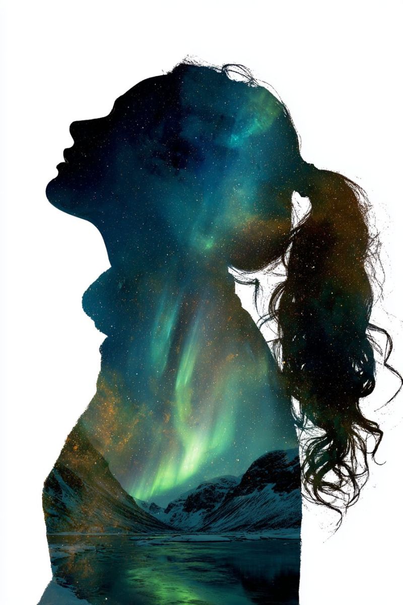 Femme nuit ciel montagnes eau reflet lac etoiles nature beaute inspiration reveur mystique aurore boreale vert Silhouette d'une femme aux cheveux longs et flottants, debout devant un ciel nocturne rempli d'étoiles et d'aurore boréale. L'aurore illumine le ciel de teintes vertes et jaunes, créant un effet vibrant et éthéré. Les cheveux de la femme sont attachés en une queue de cheval lâche, et sa silhouette est positionnée au centre, la tête inclinée vers le haut, contemplant le ciel. Le fond comprend un paysage serein avec des montagnes et un plan d'eau, peut-être un lac ou une mer, reflétant les lumières célestes. La scène générale est paisible et impressionnante, capturant la beauté de la nature et l'émerveillement du ciel nocturne.