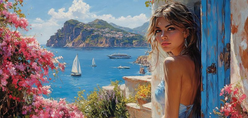 Femme maillot bain villa architecture littoral mediterraneenne bateau horizon jour ensoleille ciel clair fleurs roses droite Une belle représentation du paysage méditerranéen capturé par un prisme artistique. Une femme aux cheveux longs et à une blouse bleue debout devant une fenêtre ornée de fleurs rouges vives. Son dos nous tourne, regardant un tableau pittoresque de la mer, des bateaux et des maisons qui définissent une petite ville côtière. Les couleurs sont riches avec des bleus dominants dans la scène, créant un sentiment de calme et d'évasion. L'image ne contient aucune texte.