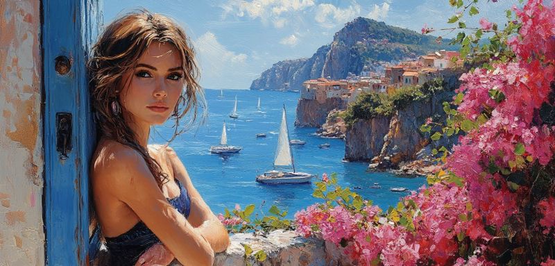 Feminin voyage riviere mediterraneenne air ambiance vacances bleues vertes masque solaire publicite tourisme insulaire Une femme debout face à un cadre bleu éclatant avec une vue sur la mer Méditerranée en arrière-plan. La femme a des cheveux noirs et regarde légèrement à sa droite avec un sourire faible. Elle porte un haut sans manche et semble détendue, les bras croisés. Le fond présente un ciel clair, une végétation verte riche, des bateaux sur l'eau, une côte rocheuse avec des bâtiments et des fleurs roses en bas à droite du cadre.