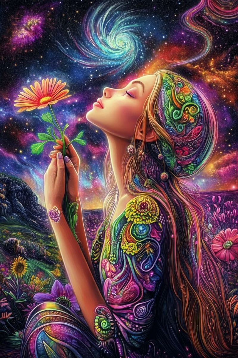 Woman flower space galaxy universe dream fantasy painting colorful hair dress earrings necklace jewelry nature A woman with long flowing hair is holding a flower in her hands. She is wearing a colorful dress adorned with various patterns and designs. Her eyes are closed, and she seems to be in a state of deep meditation or contemplation. The background is a vibrant and surreal landscape featuring a galaxy with swirling colors, stars, and a sense of cosmic wonder. The overall atmosphere is mystical and dreamlike, with a sense of peace and tranquility.