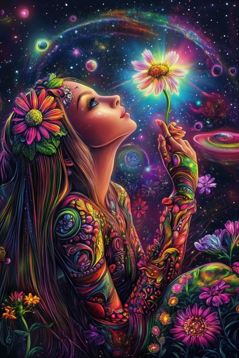 Woman flower space galaxy universe cosmos star planet fantasy colorful dreamy surreal imagination whimsical ethereal creative A woman with long, flowing hair adorned with flowers and leaves is looking up at a vibrant flower she holds in her hand. Her face is serene, and her eyes are closed. She wears colorful body art that resembles flowers and leaves. The background is a cosmic scene with stars, planets, and a galaxy, creating a dreamy and mystical atmosphere.