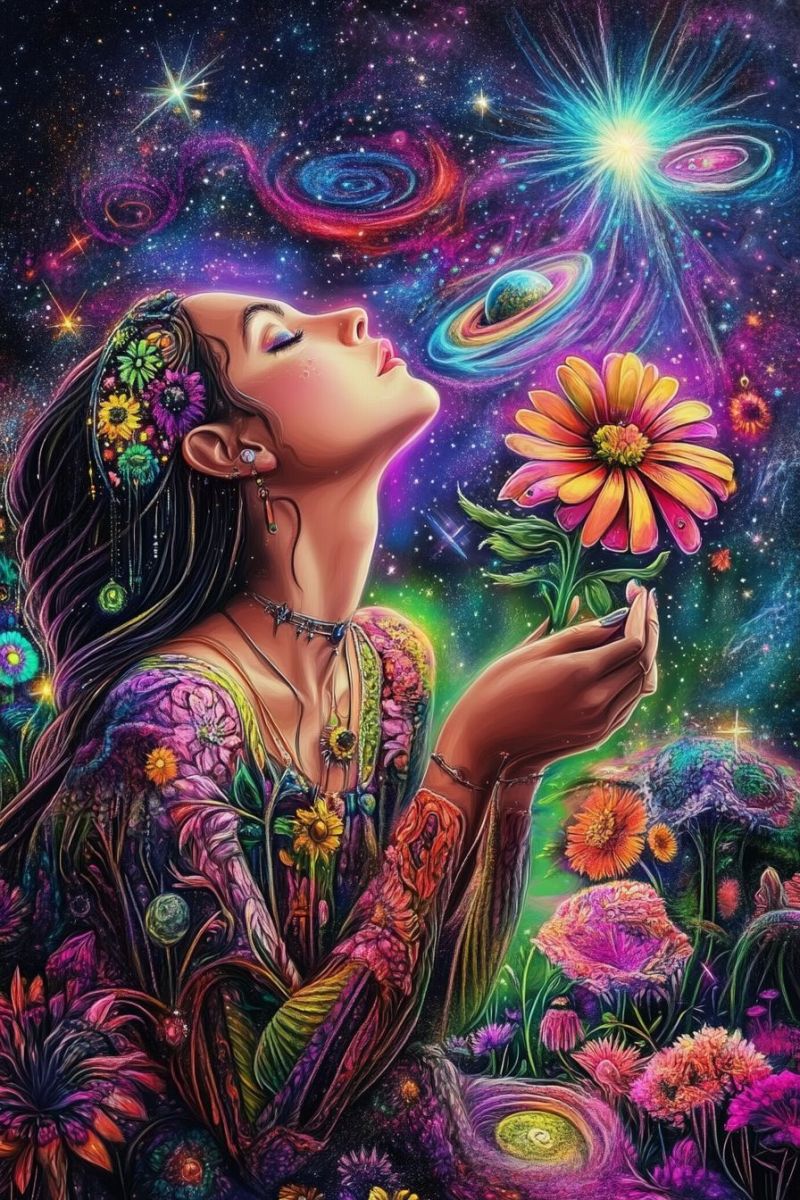 Woman flower space cosmos galaxy universe star planet dream fantasy colorful beauty inspiration meditation zen peace harmony A woman with long, flowing hair adorned with colorful flowers and beads gazes upward, holding a vibrant sunflower. She wears a colorful, flowing dress with intricate floral patterns. Her eyes are closed, and she appears to be in a state of deep contemplation or meditation. The background is a mesmerizing blend of swirling galaxies, stars, and planets in various shades of purple, blue, and pink. The scene is set in a lush, colorful garden filled with a variety of flowers, creating a surreal and fantastical atmosphere.