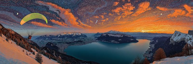 Parapente ciel montagnes lac coucher soleil neige aventure nature air voyage hiver parachutisme eau nuages horizon reflexion arbres collines vallee Une personne fait du parapente haut au-dessus d'un paysage serein. Le ciel est un mélange époustouflant de teintes orange et roses, indiquant soit un lever ou un coucher de soleil. Le parapentiste est équipé d'un auvent vert, et la personne est vêtue d'une tenue rouge, la faisant ressortir contre le ciel vibrant. En dessous, le sol est couvert de neige, avec des falaises rocheuses et un grand lac calme reflétant les couleurs du ciel. Au loin, d'autres montagnes sont visibles, leurs sommets saupoudrés de neige, créant une scène pittoresque et tranquille.