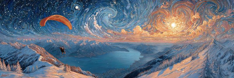 Mountain sky paragliding lake snow night stars clouds sun reflection water trees hill valley horizon atmosphere colorful painting In the painting, a person is paragliding in the sky above a snowy mountain landscape. The sky is a vibrant mix of orange and blue, with swirling patterns that resemble a galaxy. The sun is setting or rising, casting a warm glow over the mountains and the lake below. The mountains are covered in snow, and there are trees and a small village visible in the distance. The lake is calm and reflects the colors of the sky. The overall scene is surreal and dreamlike, with a sense of wonder and adventure.