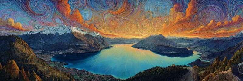 Montagnes lac ciel coucher soleil nuages eau reflet arbres collines nature decor horizon ville batiments route La peinture représente un paysage serein avec un grand lac calme au centre, entouré de montagnes escarpées. Le ciel au-dessus est un mélange vibrant d'oranges, de roses et de violets, suggérant soit un coucher de soleil, soit un lever de soleil. Les nuages sont peints en motifs tourbillonnants et abstraits, ajoutant une sensation dynamique et presque surréelle à la scène. Les montagnes sont couvertes d'un mélange de neige et de verdure, avec quelques pics perçant à travers les nuages. L'avant-plan présente un affleurement rocheux avec quelques arbres, et la surface du lac reflète le ciel coloré, créant un effet de miroir. L'ambiance générale de la peinture est paisible et majestueuse, avec une touche de surréalisme dans les motifs tourbillonnants du ciel.