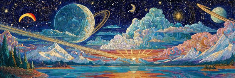 Nuit ciel planete lune etoiles nuages soleil eau montagnes lac arbres espace univers astronomie celeste cosmique La peinture dépeint un paysage vibrant et surréaliste. Au premier plan, il y a un corps d'eau serein, peut-être un lac, avec de douces ondulations reflétant le ciel. L'eau est un mélange de bleus profonds et de violets, passant à des oranges et jaunes chauds près de l'horizon, suggérant un coucher ou un lever de soleil. Sur le côté gauche, il y a des arbres verts luxuriants et une petite chaîne de montagnes. Le ciel est une riche tapisserie de couleurs, avec un fond bleu profond parsemé d'étoiles et de planètes. Une grande planète détaillée avec des anneaux, peut-être Saturne, est en évidence dans le coin supérieur gauche. Au-dessus de la planète, il y a un croissant de lune avec une étoile brillante à proximité. Dans le coin supérieur droit, une autre planète avec des anneaux, peut-être Uranus, est visible. Le ciel est rempli de nuages tourbillonnants dans diverses nuances de rose, d'orange et de bleu. Un soleil coloré et abstrait se lève ou se couche à l'horizon, projetant une lueur chaude sur le paysage.