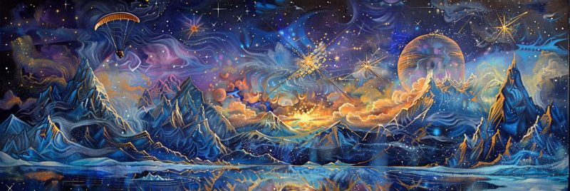 Montagnes ciel nuit etoiles parachute eau reflet nuages soleil horizon coucher espace univers planete fantaisie La peinture représente un paysage fantastique avec un terrain montagneux sous un ciel de nuit vibrant. Les montagnes sont dentelées et couvertes de neige, avec un plan d'eau réfléchissant à leur base. Le ciel est un mélange de bleus profonds, de violets et de jaunes, avec des étoiles et une lune resplendissante. Une personne parapente dans le ciel, son parachute captant la lumière. La scène est remplie d'un sentiment d'émerveillement et d'exploration, avec les montagnes et le ciel se fondant dans une atmosphère onirique.