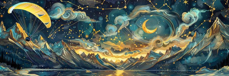 Mountains lake paragliding stars constellations moon clouds water reflection nighttime adventure outdoors nature sky parachute hills sunset night serene night scene with a paraglider soaring through the sky. The sky is a deep blue, dotted with stars and constellations, and a crescent moon is visible. The paraglider is yellow with a black harness, and it glides gracefully above a mountainous landscape. The mountains are silhouetted against the night sky, with some peaks covered in snow. Below the mountains, a calm body of water reflects the night sky and stars. The scene is illuminated by the soft glow of the moon and stars, creating a tranquil and magical atmosphere.