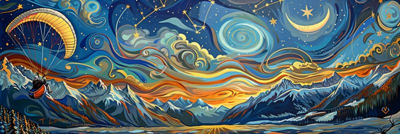 Painting night sky mountains stars moon paragliding clouds sunset snow trees water reflection horizon atmosphere nature adventure The painting depicts a paraglider soaring through a vibrant night sky filled with swirling clouds and stars. The sky is a mix of deep blues, oranges, and yellows, creating a dynamic and almost dreamlike atmosphere. The paraglider is positioned centrally, with the canopy spread wide, capturing the essence of flight and freedom. Above, the night sky is adorned with a crescent moon, stars, and constellations, adding a celestial touch. The background features a mountainous landscape, with snow-capped peaks and a serene, reflective body of water below. The overall scene is a blend of adventure, tranquility, and the beauty of nature under the night sky.