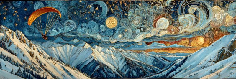 Mountain sky night paragliding painting clouds sun sunset stars moon snow valley hills trees forest water reflection colorful The painting depicts a paraglider soaring through a night sky filled with swirling clouds and stars. The sky is a deep blue, transitioning into a golden hue as it moves towards the horizon. The paraglider's canopy is bright orange, contrasting sharply with the dark sky. Below, a range of snow-covered mountains stretches into the distance, their peaks silhouetted against the vibrant sky. The scene is dynamic, with the paraglider appearing to glide effortlessly through the air, surrounded by a sense of freedom and adventure.