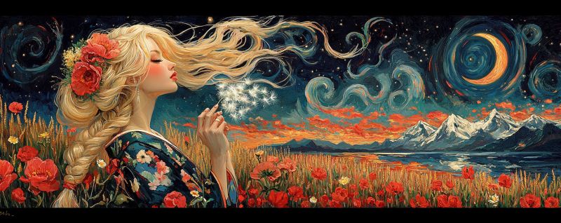Nuit ciel femme fleurs montagnes etoiles nuages lune eau arbres champ coquelicots robe fantaisie beaute nature Dans le tableau, une femme aux longs cheveux blonds ondulés se tient dans un champ de coquelicots rouges sous un ciel nocturne. Elle porte une robe fleurie et a des fleurs dans ses cheveux. Elle souffle sur un pissenlit, et ses cheveux sont emportés par le vent. Le ciel est peint avec des nuages tourbillonnants et un croissant de lune, avec un coucher de soleil vibrant en arrière-plan. Des montagnes et un plan d'eau sont visibles au loin.