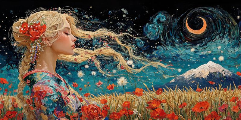 Nuit femme champ fleurs montagne ciel lune etoiles coquelicots fantaisie reve beaute nature Dans le tableau, une femme aux longs cheveux blonds ondulés se tient dans un champ de coquelicots rouges sous un ciel nocturne. Elle porte une robe colorée et à motifs ornée de fleurs et de perles. Ses cheveux sont tressés et décorés de fleurs rouges. Le ciel est bleu foncé, avec un croissant de lune et des étoiles tourbillonnantes. Au loin, un sommet de montagne est visible, partiellement recouvert de neige. La scène globale est vibrante et onirique, mêlant des éléments de la nature et de la fantaisie.