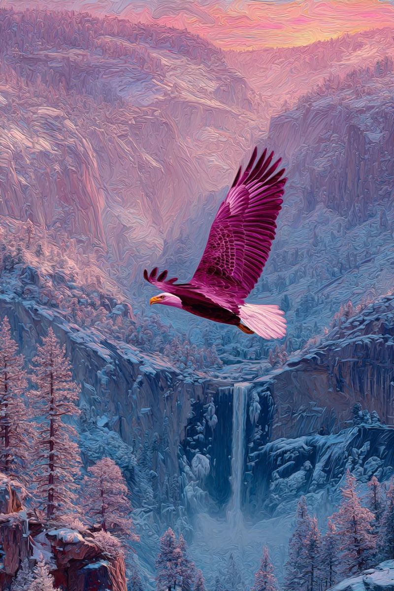 Aigle montagne ciel eau arbre neige rocher falaise foret nature hiver air faune oiseau Un majestueux aigle chauve plane dans le ciel les ailes grandes ouvertes. Les plumes de l'aigle sont un mélange saisissant de violet profond et de blanc, contrastant magnifiquement avec le décor d'un paysage montagneux. Les montagnes sont couvertes de neige, et la scène se déroule sur fond d'un ciel de coucher de soleil, avec des teintes de rose et de violet se fondant au loin. Sous l'aigle, une cascade dévale une falaise rocheuse, entourée de pins saupoudrés de neige. L'atmosphère générale est sereine et majestueuse, capturant l'essence de la grandeur de la nature.