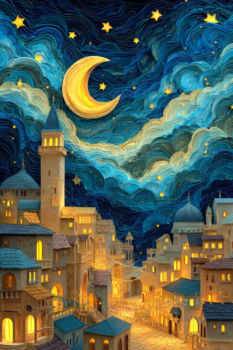 Nuit ciel ville batiment architecture fantaisie reve imagination creativite design decoration Scène vibrante et détaillée d'une ville sous un ciel nocturne. Le ciel est d'un bleu profond avec des nuages tourbillonnants et texturés qui donnent l'impression de mouvement. Une grande lune croissante dorée pend proéminente dans le ciel, entourée d'étoiles scintillantes. La ville en dessous est composée de bâtiments avec des lumières chaudes et lumineuses dans les fenêtres, suggérant une atmosphère chaleureuse et habitée. L'architecture est diverse, présentant un mélange de dômes, de flèches et de toits plats, tous peints dans des tons terreux. Les rues sont étroites et sinueuses, avec certaines zones éclairées par des lanternes suspendues. L'ambiance générale est sereine et magique, avec le ciel nocturne et la ville créant un mélange harmonieux de lumière et d'ombre.