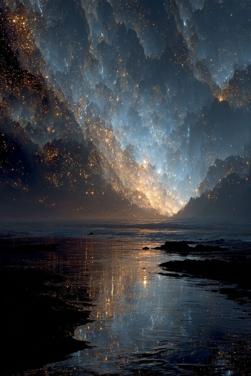 Etoiles nuages eau reflexion plage ocean montagnes nature astronomie univers cosmos celeste galaxie obscurite horizon nuit ciel espace Scène de nuit sereine avec un vaste ciel étoilé. La Voie Lactée s'étend à travers le ciel, brillant d'une douce lumière éthérée. Les étoiles sont dispersées partout, créant un effet étincelant. Le ciel est d'un bleu profond, passant à des teintes plus sombres en montant vers le haut. En dessous, un calme plan d'eau reflète les lumières célestes, créant un effet de miroir. L'eau est sombre, avec de douces ondulations. Au loin, une silhouette de rivage rocheux ou de falaises est visible, ajoutant à l'atmosphère tranquille.