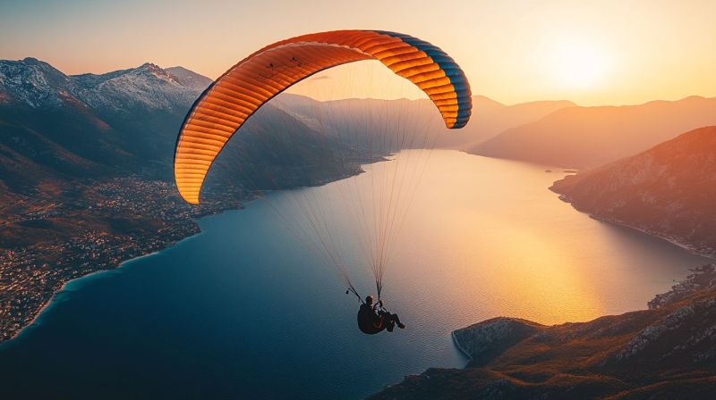 Paragliding sky mountains lake sunset adventure paraglider skydiving A person is paragliding over a serene lake, with the sun setting in the background. The paraglider has an orange and blue canopy, and the person is wearing a harness. The lake is calm, reflecting the warm colors of the sunset. In the distance, there are mountains with snow-capped peaks, and a small town or village is visible along the shoreline. The sky is a mix of orange and pink hues, creating a picturesque and tranquil scene.