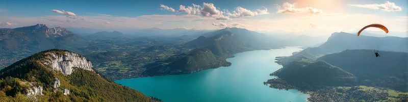 Montagnes lac ciel parapente nuages eau nature aventure lever soleil horizon collines vallee arbres rochers falaises village reflexion aerien voyage Vue aérienne à couper le souffle d'une région montagneuse avec un lac serein niché entre les pics. Le ciel est un mélange de bleus doux et de blancs, indiquant une journée partiellement nuageuse. Au premier plan, une personne parapente, son parachute d'un orange vif contre le décor du paysage. Les montagnes sont escarpées et couvertes d'un mélange de verdure et d'affleurements rocheux. Le lac est calme, reflétant le ciel et la verdure environnante. Au loin, il y a des signes d'habitation humaine, avec des bâtiments et peut-être une petite ville ou un village visibles. La scène globale est paisible et pittoresque, mettant en valeur la beauté de la nature et le frisson de l'aventure.