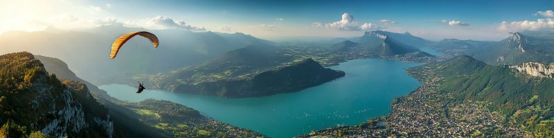 Parapente montagnes lac ciel nuages aventure air nature voyage vacances aerien falaise eau collines arbres ville bourg Une vue aérienne d'un paysage serein présente un grand lac tranquille entouré d'un terrain montagneux accidenté. Le lac est d'un bleu profond, reflétant le ciel clair au-dessus. Une personne parapente dans le ciel, son parachute d'un jaune vif contre le fond des montagnes. Les montagnes sont couvertes d'une verdure luxuriante, avec certaines zones montrant des signes de feuillage d'automne. Au loin, une petite ville ou un village est niché près du lac, avec des bâtiments et des arbres visibles. Le ciel est un mélange de nuages bleus et blancs, indiquant une journée paisible et ensoleillée.