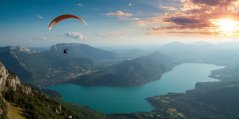 Paragliding sky mountain lake sunset adventure nature outdoors travel exploration flight parachute cliff valley horizon clouds sun scenery A person is paragliding high above a mountainous landscape. The paraglider has a vibrant orange canopy with a black outline. Below, a serene lake reflects the sky, surrounded by lush green hills and rocky cliffs. The sun is setting in the distance, casting a warm glow over the scene. The sky is a mix of blue and orange hues, with scattered clouds adding to the picturesque view.