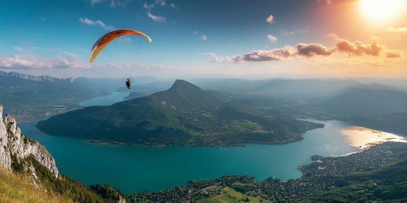 Paragliding adventure sky mountains lake sunset nature paraglider cliff water hills clouds horizon skydiving outdoors travel scenery sunrise A person is paragliding in the sky above a serene landscape. The paraglider has a vibrant orange and black parachute. Below, a large lake is nestled between rugged mountains, with a small town or village visible on the shore. The sky is a mix of blue and orange hues, indicating either sunrise or sunset. The mountains are covered in greenery, and the water is calm, reflecting the colors of the sky.
