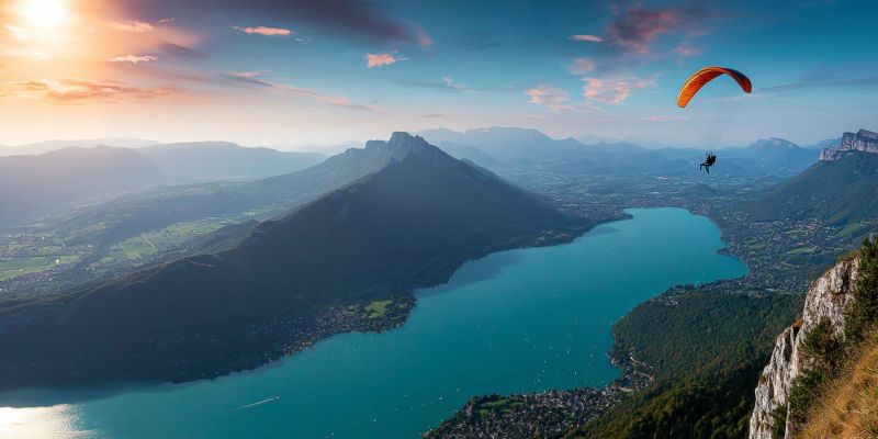 Parapente ciel montagnes lac coucher soleil aventure nature falaise eau parachutisme parachute vol air voyage vacances horizon Une personne fait du parapente au-dessus d'un lac serein entouré de montagnes majestueuses. Le ciel est un mélange de teintes orange et roses du soleil couchant, avec des nuages éparpillés ajoutant à la vue pittoresque. Le lac est calme et reflète les couleurs vibrantes du ciel. Au loin, il y a de petits établissements et quelques bateaux parsemant l'eau. Les montagnes sont luxuriantes de verdure, et la scène globale est tranquille et à couper le souffle.