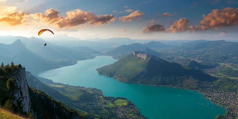 Paragliding mountain lake sky clouds adventure outdoors nature sunset horizon water hills cliff trees greenery town buildings reflection An aerial view of a serene landscape features a person paragliding high above a vast, turquoise lake. The lake is nestled among rugged, green mountains with a few rocky cliffs. The sky is a mix of soft, orange hues from the setting sun and fluffy, white clouds. In the distance, a small town or village is visible, surrounded by lush greenery and farmland. The overall scene is peaceful and picturesque, with the paraglider soaring gracefully against the back of the natural beauty.