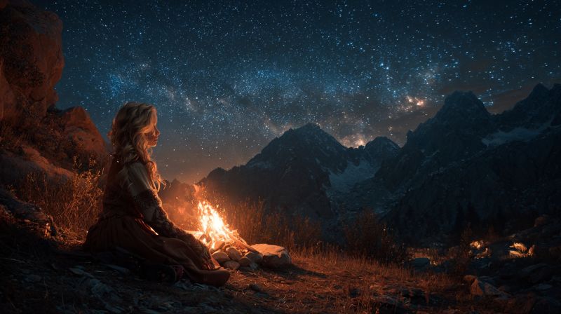 Woman campfire mountains night sky stars fire sitting gazing meditation nature outdoors adventure exploration solitude reflection warmth beauty A woman sits by a campfire in a mountainous area under a star-filled night sky. She wears a long, dark dress and has long, flowing hair. The fire casts a warm glow on her and the surrounding rocks. The mountains in the background are rugged and covered in snow, with a few trees visible. The sky is dark blue, and the stars are bright and numerous.