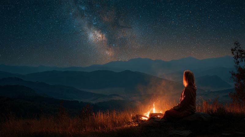 Nuit ciel montagne feu femme camp camping air nature astronomie observation etoiles meditation reflexion aventure sauvage solitude serenite inspiratio Une femme est assise les jambes croisées sur un rocher près d'un feu de camp, regardant le ciel nocturne rempli d'étoiles. La Voie lactée est visible, s'étendant à travers le ciel. Elle porte un sweat à capuche et un pantalon, et le feu brûle brillamment devant elle. La scène se déroule dans un champ d'herbe avec des montagnes en arrière-plan, sous un ciel clair et sombre.