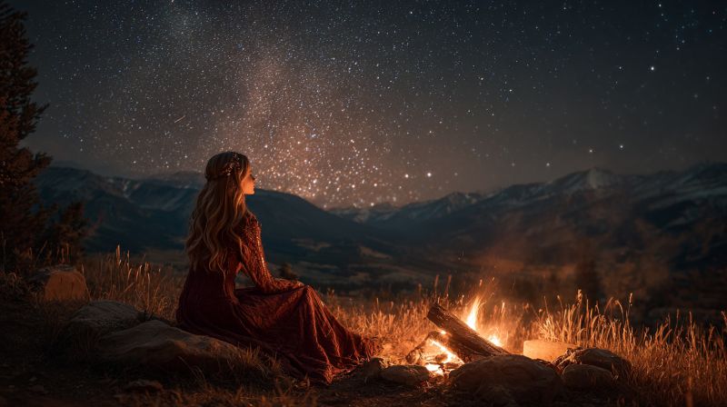 Femme nuit feu camp montagnes ciel etoiles nature meditation contemplation air camping sauvage astronomie galaxie cosmos univers Une femme aux cheveux longs et flottants est assise sur un rocher dans un champ d'herbe, contemplant le ciel nocturne. Elle porte une longue robe sombre et une couronne de fleurs sur la tête. Devant elle, un petit feu de camp brûle, projetant une lueur chaleureuse. Le ciel est rempli d'étoiles, et la Voie Lactée est visible, ajoutant une touche magique à la scène. En arrière-plan, des montagnes sous un ciel sombre créent un paysage serein et pittoresque.