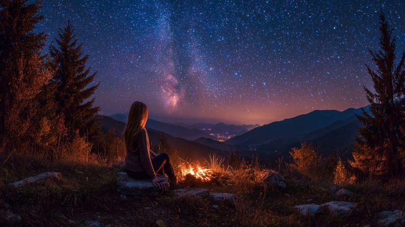 Woman campfire mountain night sky star tree fire rock sunset travel wilderness camping outdoors reflection scenic A woman sits on a rock by a campfire, gazing at the night sky filled with stars. The Milky Way is visible, and the sky transitions from dark blue to a lighter hue, indicating the presence of the moon. She is surrounded by tall trees and shrubs, with mountains in the background. The campfire casts a warm glow, and the scene is set in a serene, natural environment.