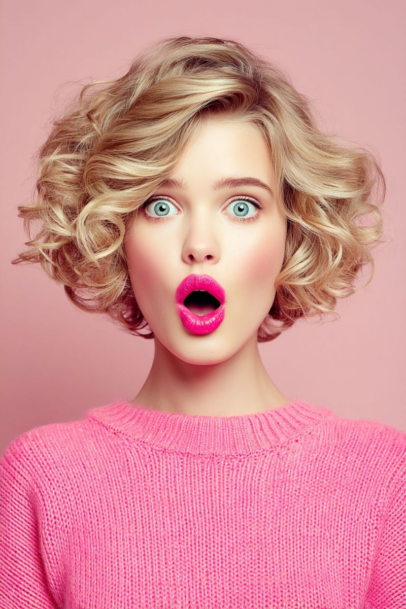Blonde pink surprised sweater lips A woman with short, curly blonde hair is posing for a photo with a surprised expression. She has bright blue eyes and is wearing pink lipstick. She is dressed in a pink knitted sweater and has a pink background behind her.