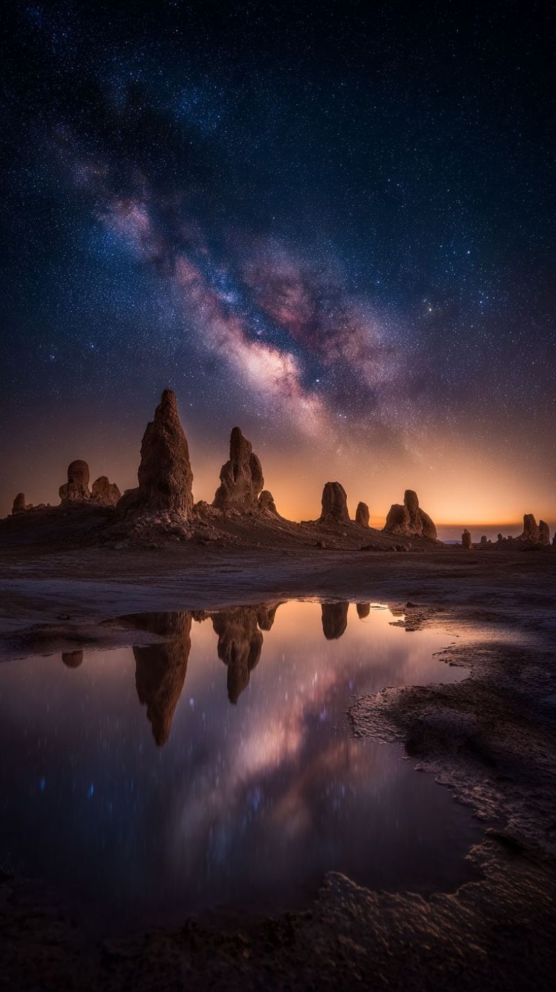 Night sky stars reflection water rocks desert sunset horizon clouds mountains dark nighttime outdoors nature scenery serene desert landscape at night. The sky is a deep, dark blue, filled with countless stars, and the Milky Way galaxy is prominently visible, stretching across the sky with its luminous, milky-white band. The desert floor is covered in small, reflective puddles of water, which mirror the sky and the surrounding rock formations. These formations are jagged and unique in shape, standing out against the dark backdrop. The horizon is a soft gradient of orange and pink, indicating the setting sun or the promise of dawn. The overall scene is tranquil and majestic, with the vastness of the night sky and the stillness of the desert creating a sense of awe and wonder.