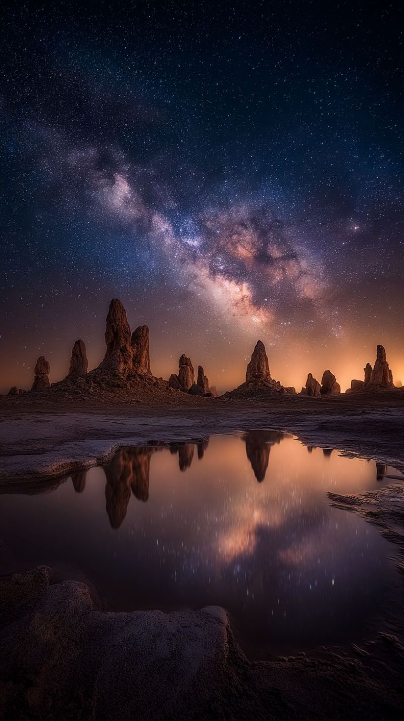 Night sky stars reflection rock water cloud horizon mountain desert sunset clouds rocks nighttime In the foreground, a small pool of water reflects the night sky and the silhouettes of jagged rock formations. The rocks are scattered across the landscape, with some appearing to be partially submerged in the water. The sky is a deep, dark blue, dotted with countless stars, and the Milky Way stretches across the horizon, glowing faintly. The stars are mirrored in the water, creating a serene and almost magical scene. The overall atmosphere is tranquil and otherworldly, with the natural beauty of the landscape and the celestial display above.