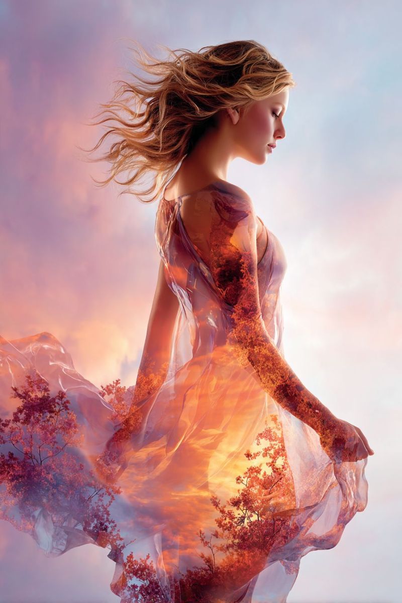 Woman dress sky sunset tree wind fantasy beauty nature dream imagination inspiration elegance A woman with long, wavy blonde hair is standing in a field, her hair blowing in the wind. She is wearing a flowing, translucent dress that appears to be made of a sheer, light fabric. The dress has a design that resembles a tree with pink and orange leaves, blending seamlessly with the background. The background is a gradient of pink and blue, suggesting a sunset or sunrise. The woman's face is turned to the left, and she seems to be looking at something in that direction. The overall image has a dreamy, ethereal quality.