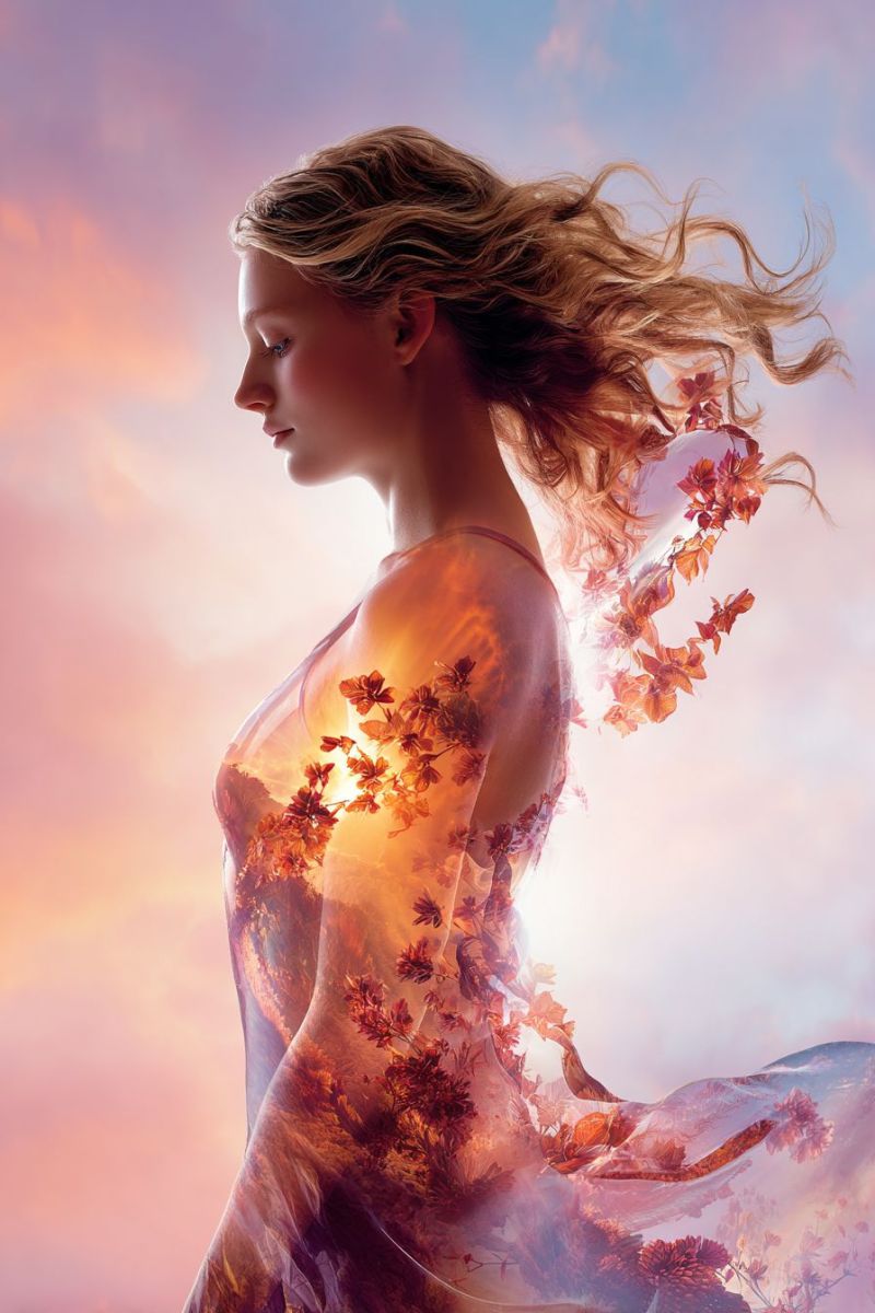 Femme robe fleurs ciel vent fantaisie beaute nature imagination coucher soleil nuages inspiration reve Une femme aux longs cheveux blonds ondulés se tient dans une pose dramatique, ses cheveux flottant dans le vent. Elle porte une robe fluide et translucide qui semble être faite d'un tissu imitant la texture des feuilles et des fleurs. La robe est ornée d'un motif de feuilles et de fleurs d'automne, créant un beau design naturel. Le visage de la femme est tourné sur le côté, et elle semble regarder quelque chose au loin. L'arrière-plan est un mélange de teintes roses et bleues, suggérant un coucher ou un lever de soleil. L'image globale transmet un sentiment de beauté éthérée et de tranquillité.