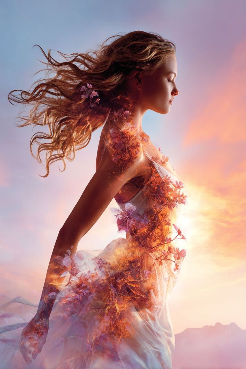 Woman dress flowers sky mountains evening sunset fantasy beauty elegance grace inspiration dreamy mystical ethereal imagination A woman with long, wavy hair is standing in a field, her hair blowing in the wind. She is wearing a flowing white dress adorned with flowers and leaves, giving the impression of being surrounded by nature. The woman's face is turned to the side, and she appears to be looking at something in the distance. The background is a blend of blue and orange hues, suggesting a sunset or sunrise. The overall image conveys a sense of freedom and connection with nature.