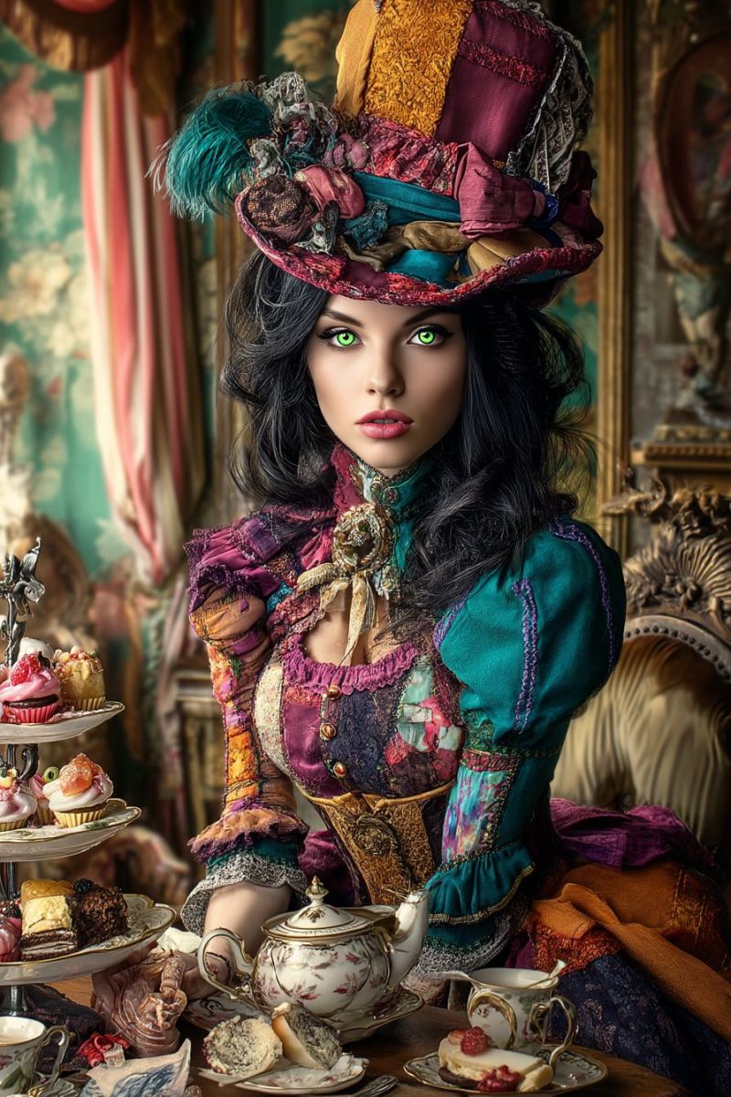 Woman hat tea costume fantasy dress fashion alice vintage decorative elegant creative mad hatter party A woman dressed in a vibrant, eclectic costume sits at a table adorned with an assortment of desserts. She wears a large, colorful hat with feathers and ribbons, and her makeup includes striking green eyes. The table is set with a teapot, cups, and a variety of pastries, including cupcakes and small cakes. Behind her, a backdrop features ornate, patterned wallpaper and a glimpse of a golden frame. The overall scene is reminiscent of a whimsical, fantastical setting.
