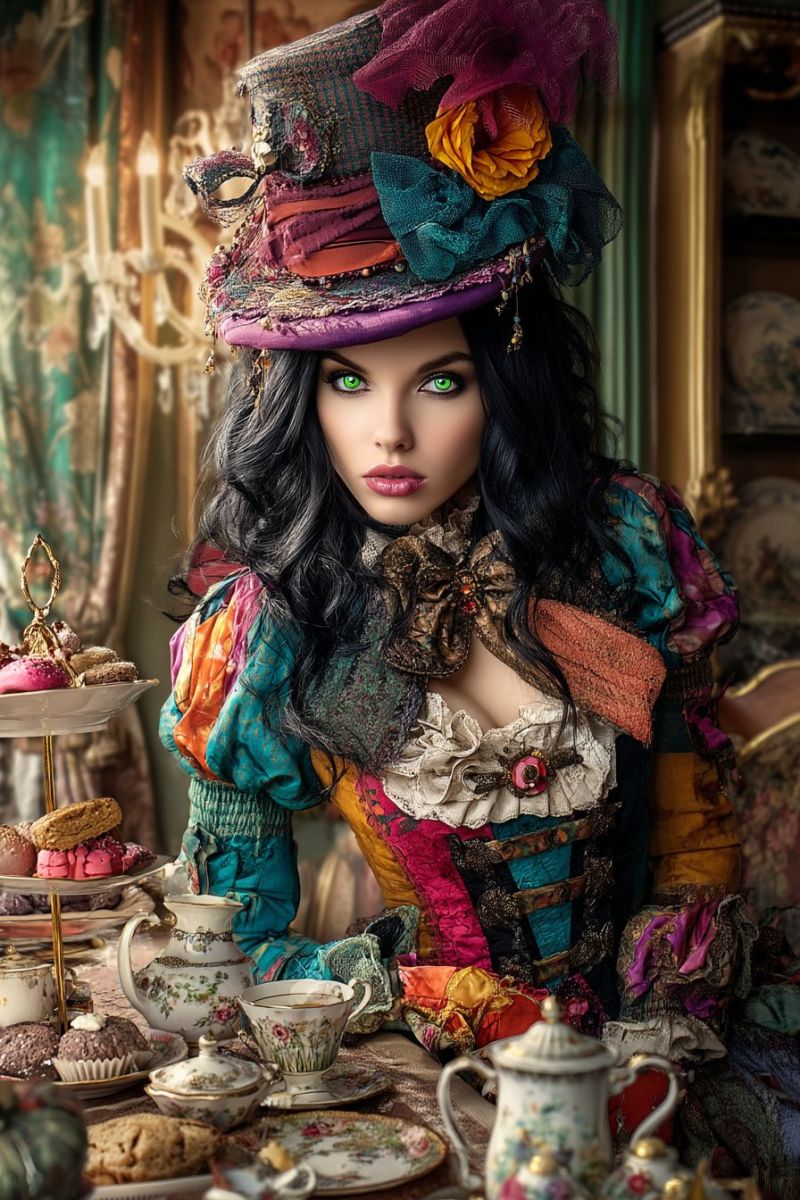 Woman costume hat tea teacup table cake cup dress fashion food flower girl hand head jewelry lady makeup A woman dressed in a vibrant, eclectic costume sits at a table adorned with an assortment of teacups, teapots, and pastries. She wears a large, colorful hat with a mix of fabrics and a flower on top. Her makeup includes striking green eyeshadow and pink lips. The table is set with delicate china, including a teapot with a floral design, and a tiered stand holding various pastries. Behind her, a cabinet filled with plates and bowls is visible, and the background features a patterned wall.