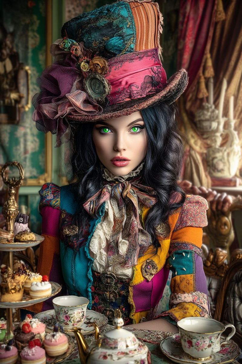Woman hat tea cup teacup fashion dress costume fantasy alice mad hatter wonderland party set time A woman with long, wavy black hair is dressed in a vibrant, patchwork costume with a large, colorful hat adorned with ribbons and flowers. She has striking green eyes and is seated at a table with a teapot, cups, and a plate of cupcakes. The background features a blurred image of a room with a green wall, a framed picture, and a decorative curtain.